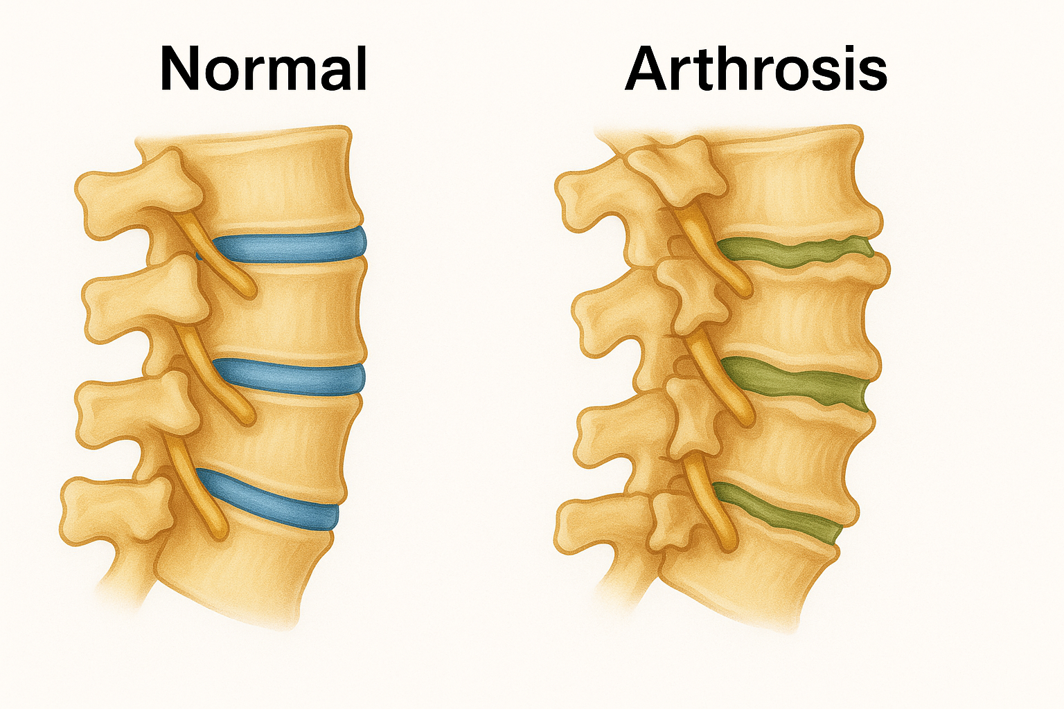 Duas ilustrações representa um trecho da coluna vertebral com e sem artrose